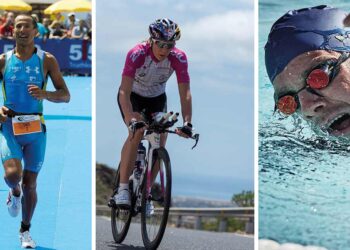 Das Breitling Triathlon Squad: Chris „Macca“ McCormack, Daniela Ryf und Jan Frodeno (vlnr).