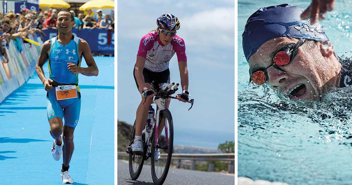 Das Breitling Triathlon Squad: Chris „Macca“ McCormack, Daniela Ryf und Jan Frodeno (vlnr).