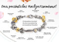 Das Hochzeitsarmband von Trollbeads ist ein individuelles Geschenk worüber sich die Braut freut: Jede schöne Erinnerung bekommt einen besonderen Bead, und der Trauring-Spezialist generiert Zusatzumsätze. Der Schaufensteraufkleber in Herzform erklärt das Prinzip.