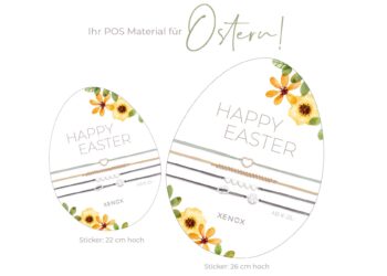 Mitgedacht: Xenox bringt zu Ostern Schaufensterverklebungen heraus. Gezeigt werden Armbänder in bester Mitnahmepreislage.