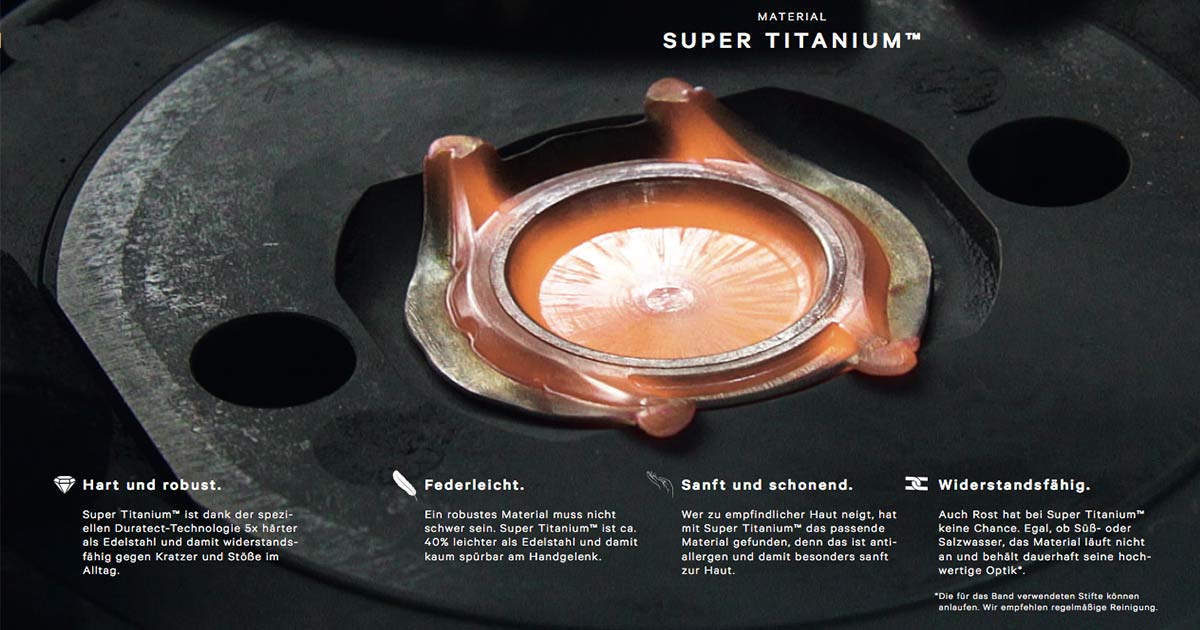 Starke Argumente: Das von Citizen selbst entwickelte und patentierte Super Titanium ist nach eigenen Angaben fünf mal härter und 40 % leichter als Edelstahl, antiallergen und widerstandfähig gegen Rost.