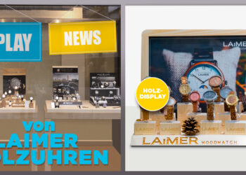 Das Display aus Holz zeigt die nachhaltige Markenphilosophie von LAIMER.