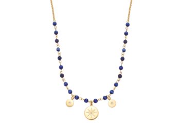 Die Halskette Rosella (Edelstahl mit Gold IP-Plating, dunkelblaue Cateye-Glasbeads und Glaskristalle) kostet 69,95 Euro VK.