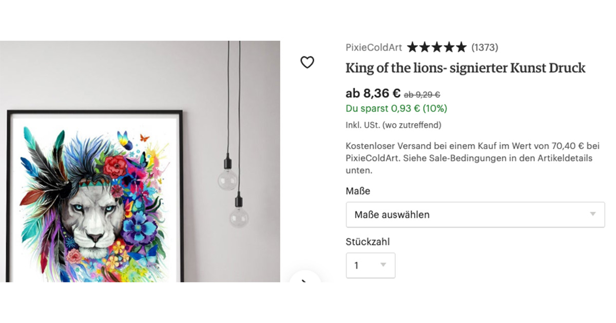Das Löwen-Motiv der Berliner Künstlerin wird derzeit bei Etsy für 8,36 Euro verkauft.