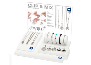 Eigentlich ganz einfach: Das Clip & Mix-System von Leonardo ist im Vergleich zu den klassischen Charms-Systemen einfach. Aber erst wenn es der Kunde verstanden hat. Dazu gibt es beispielsweise dieses „Erklär“-Display.