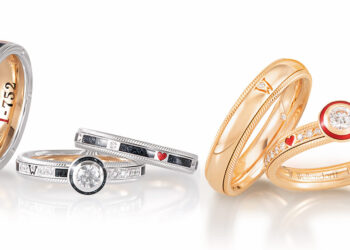 Zwei neue Trauring-Designs von Wellendorff: Das Foto zeigt (v.l.) das Tri-Set „1-752“, „Danke für – Onyx“ und „Unsere Liebe“ sowie rechts das Ringpaar „Brillant-Romeo“ und „Danke für – Brillant“.