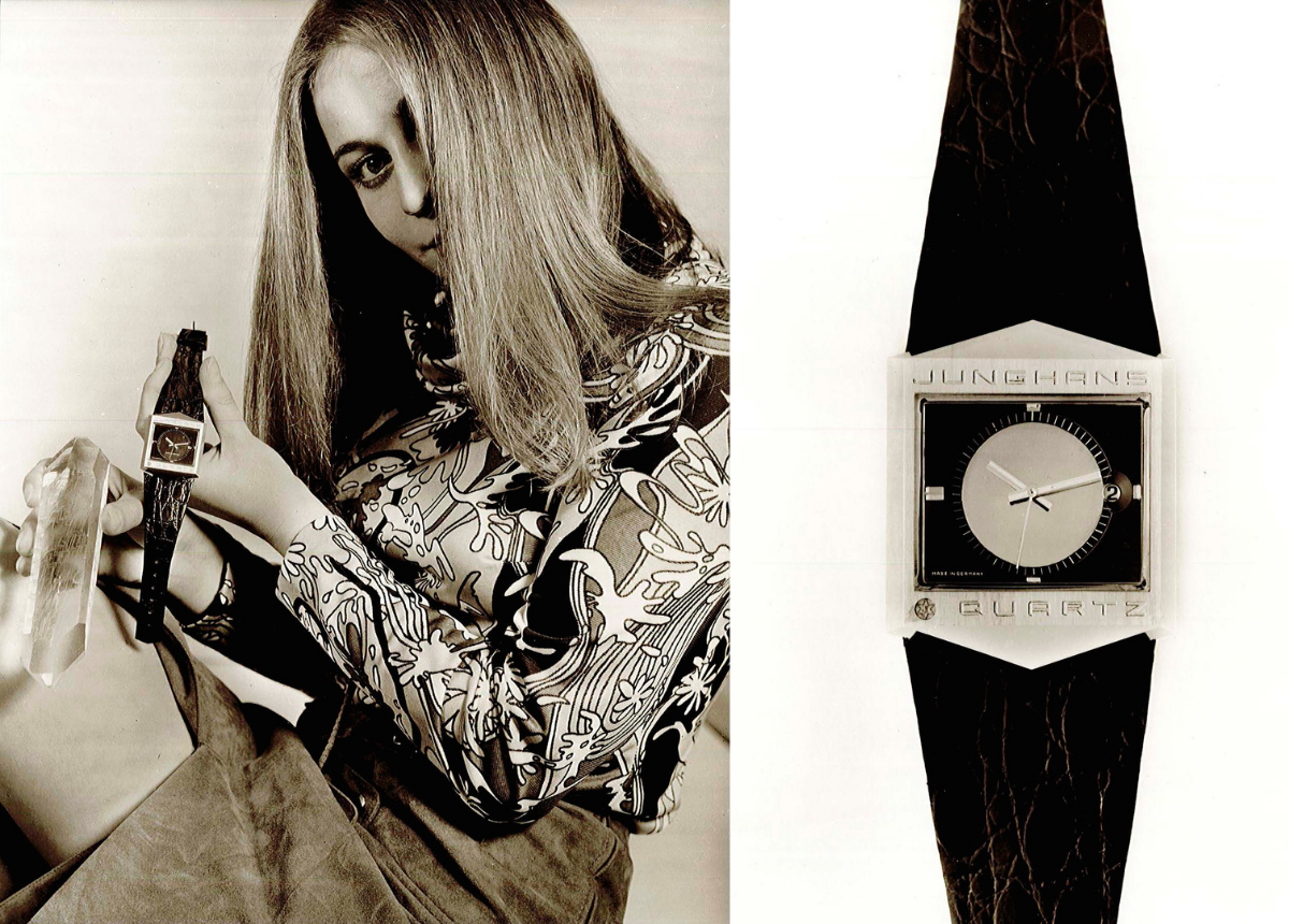 Die erste Junghans Quarz-Armbanduhr Astro-Quartz aus dem Jahr 1971: Das Design spiegelt die Quarz-Kristallform wider.