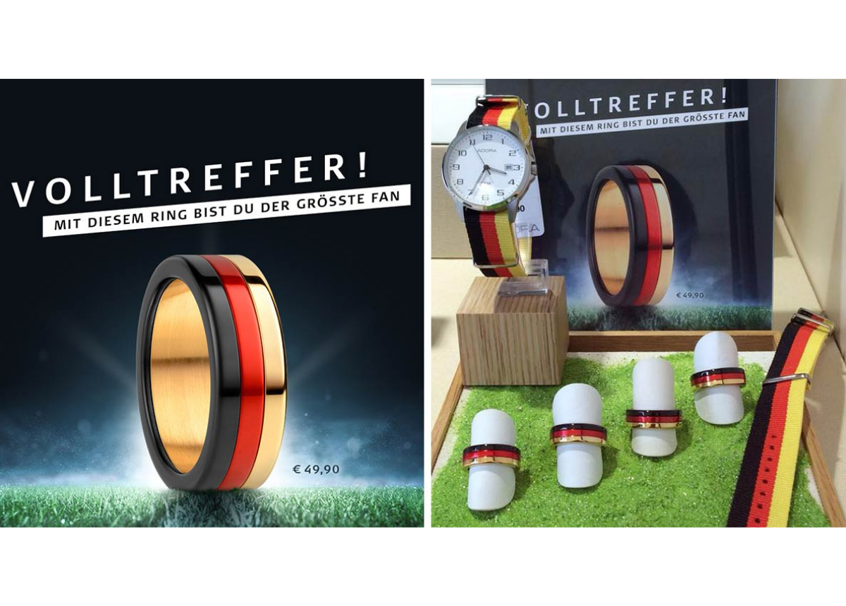 Unterstützen die deutsche Nationalmannschaft: Uhrenarmbänder und Ringe im Schaufenster.