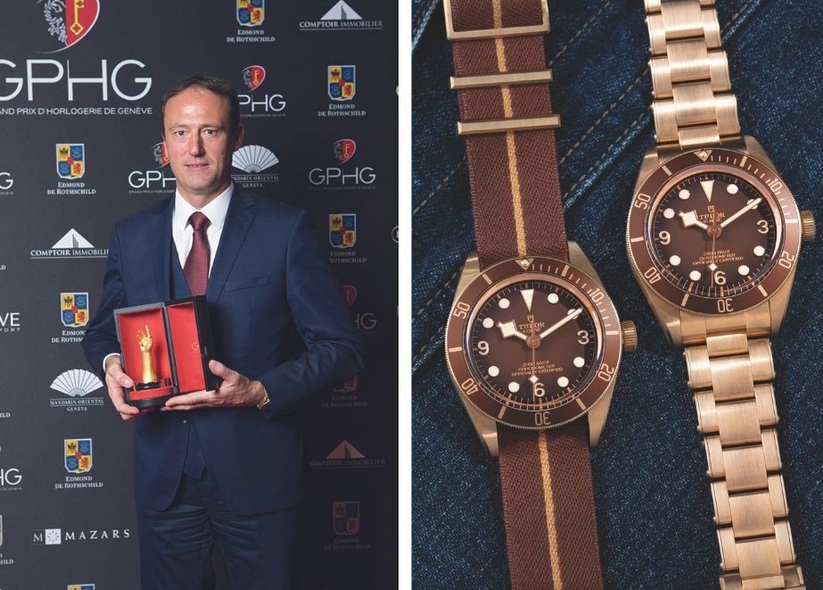 Links: Tudor CEO Éric Pirson bleibt dem Erbe treu und kann zugleich erfolgreich neue Zielgruppen begeistern. // Rechts: udor stattet bei dieser Boutique Edition sein berühmtes Modell Black Bay Fifty-Eight erstmalig mit einem Armband in Bronze aus.