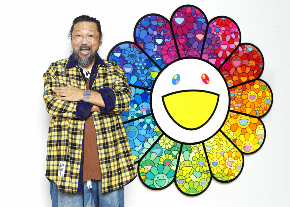 Bildender Künstler Takashi Murakami mit Markenzeichen "Lächelnde Blume".