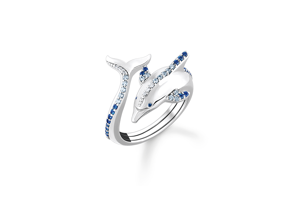 Ring aus 925 Sterling-Silber in Delfin-Design mit Steinbesatz in Blautönen. © Thomas Sabo