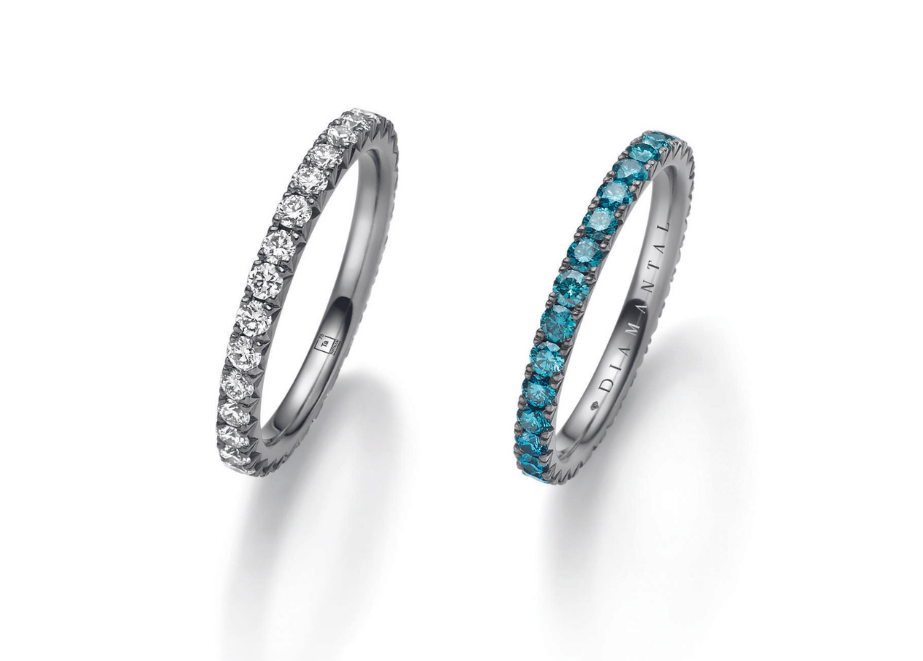 Memorie-Ringe mit weißen und blauen Diamanten. © Tantalum Trauringe