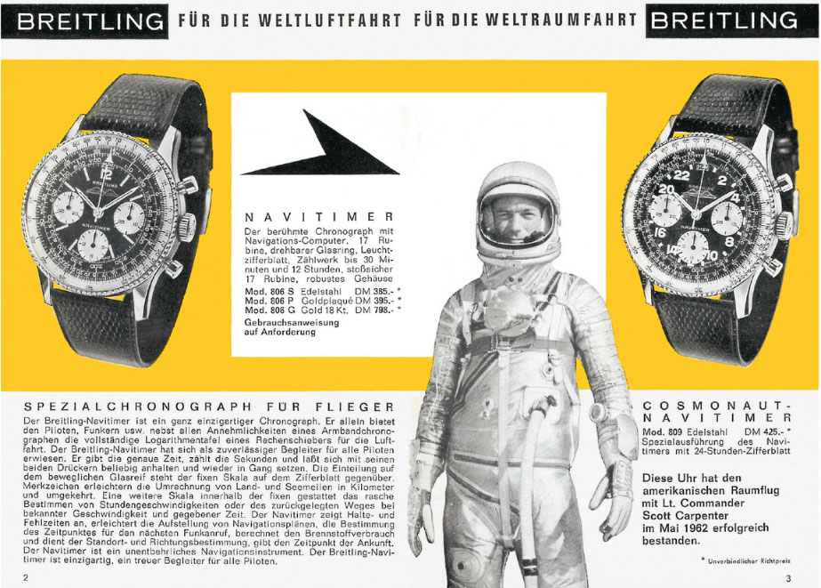 Alte Werbeanzeige für die Breitling Navitimer Cosmonaute mit Astronaut Scott Carpetner. © Breitling