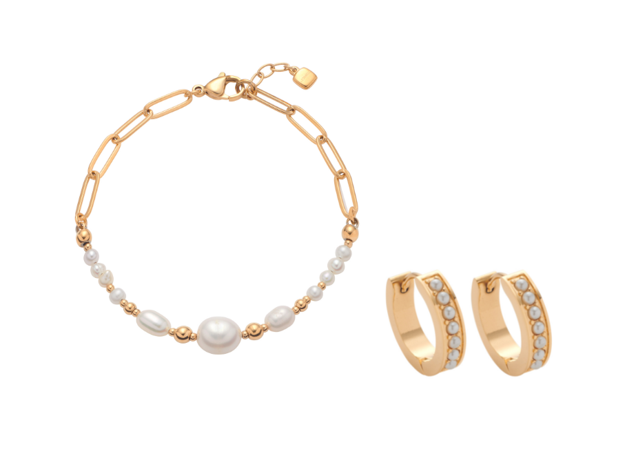 Armband und Creolen mit Perlen, klassisch in Goldfarbe. © Leonardo Jewels