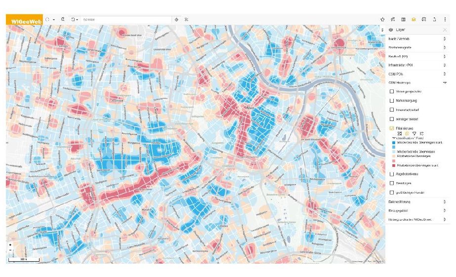 Anhand der gewünschten Kriterien wird die Datenbank durchsucht und passende Straßenzüge auf einem interaktiven Stadtplan angezeigt. ©WIGeoGIS