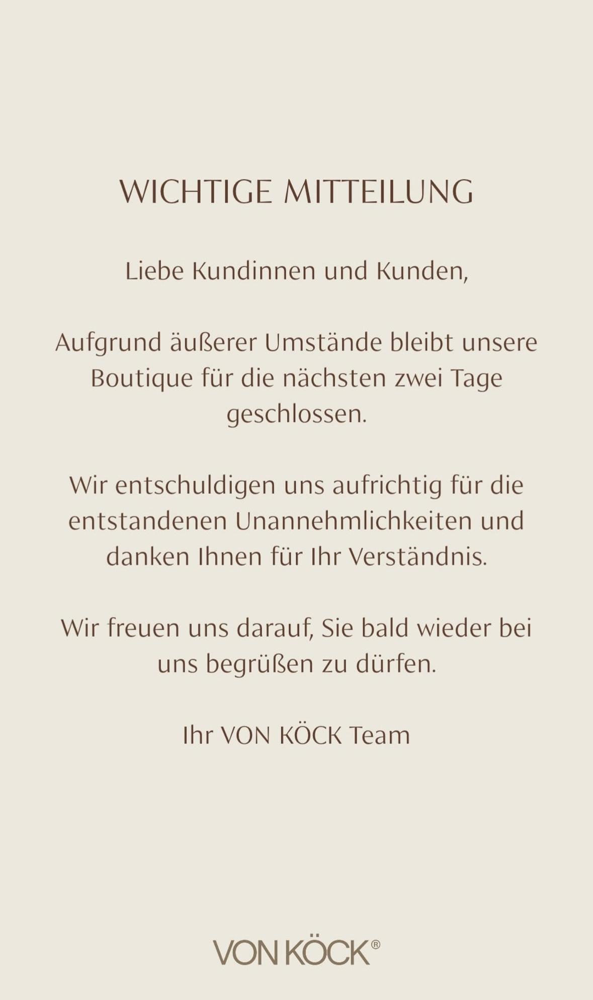 Instagram-Story von Von Köck: Wichtige Mitteilung, die Boutique bleibt für die nächsten zwei Tage geschlossen